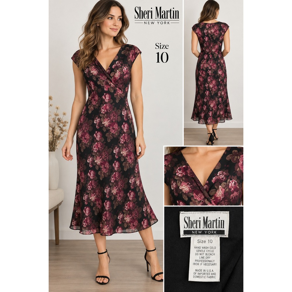Vintage 90s Dark Floral Midi Dress 10 Faux Wrap V Neck Romantic Grunge Goth